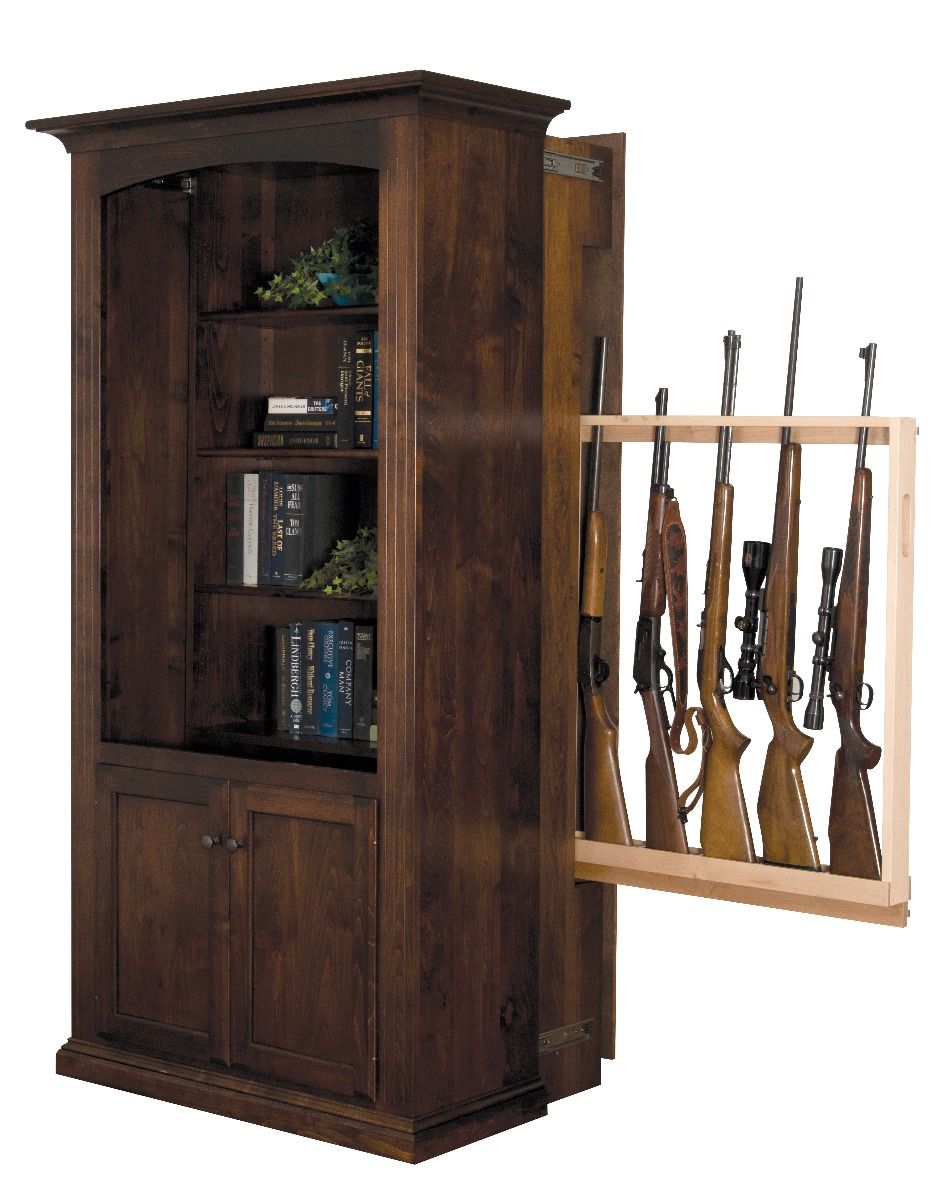 Large Hidden Gun Cabinet Bookcase With Doors Cherry Shown In
